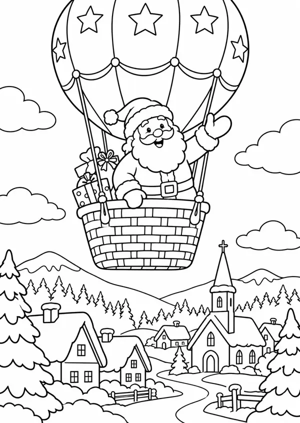 Ausmalbild Weihnachtsmann im Heißluftballon: Weihnachtsmann fliegt mit Sternen über einem Dorf mit Kirche