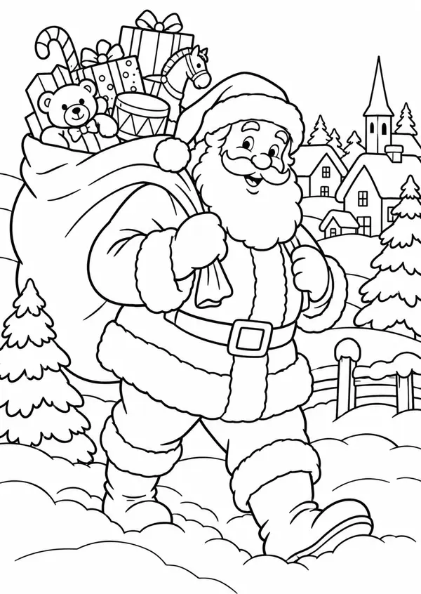 Ausmalbild Weihnachtsmann mit Geschenkesack: Weihnachtsmann stapft mit vollem Sack durch den Schnee, Dorf im Hintergrund