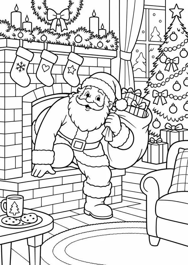 Ausmalbild Weihnachtsmann am Kamin: Weihnachtsmann steigt aus dem Kamin, Strümpfe am Sims, Baum, Sessel, Kekse und Tasse