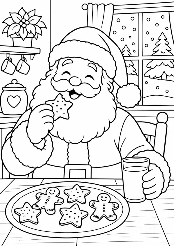 Ausmalbild Weihnachtsmann mit Keksen: Weihnachtsmann isst Sternkekse, Glas Milch, Lebkuchenmännchen, Fenster mit Schnee