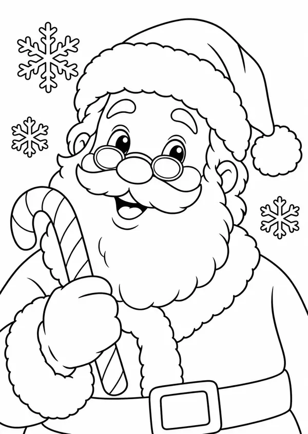 Ausmalbild Weihnachtsmann-Porträt: Brustbild mit Brille, Mütze und Zuckerstange, Schneeflocken
