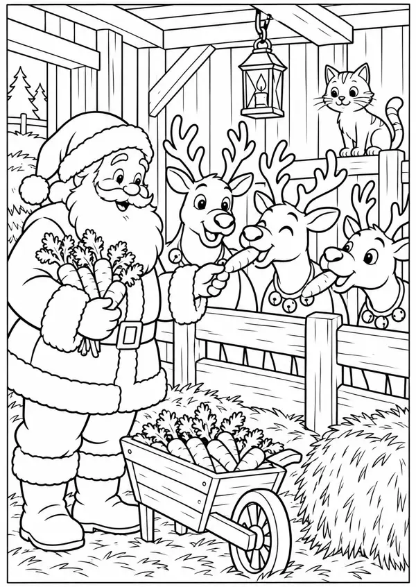 Ausmalbild Weihnachtsmann mit Rentieren: Weihnachtsmann füttert drei Rentiere im Stall mit Möhren, Laterne, Katze und Schubkarre