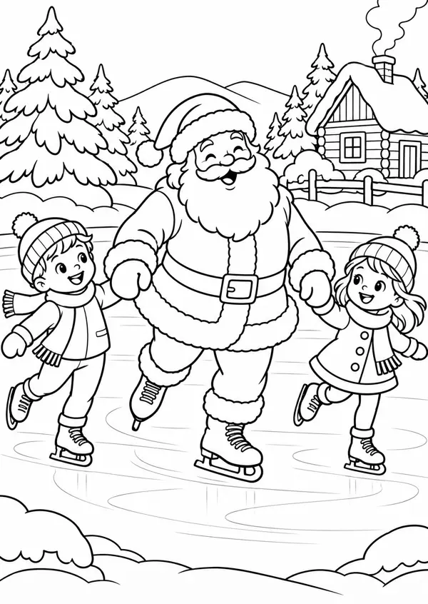 Ausmalbild Weihnachtsmann auf Schlittschuhen: Weihnachtsmann läuft mit zwei Kindern Schlittschuh, Hütte und Tannen