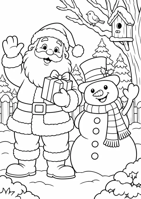 Ausmalbild Weihnachtsmann und Schneemann: beide winken im verschneiten Garten, Vogelhaus