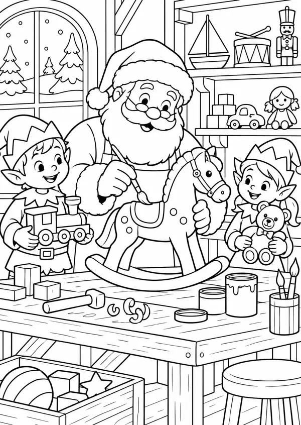 Ausmalbild Weihnachtsmann-Werkstatt: Weihnachtsmann bemalt mit zwei Wichteln ein Schaukelpferd, Regale voller Spielzeug