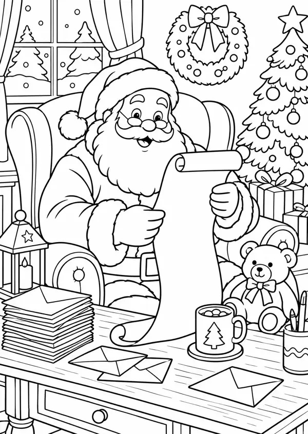 Ausmalbild Weihnachtsmann mit Wunschzettel: Weihnachtsmann liest im Sessel einen langen Wunschzettel, Briefe, Teddy und Tasse