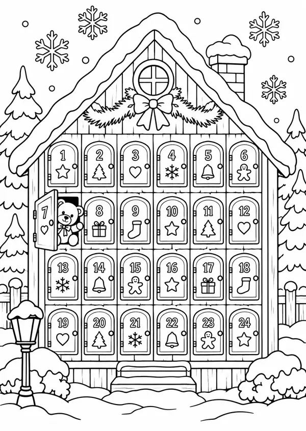 Ausmalbild Adventskalender: Holzhaus mit 24 nummerierten Türchen, Teddy, Schnee und Tannen