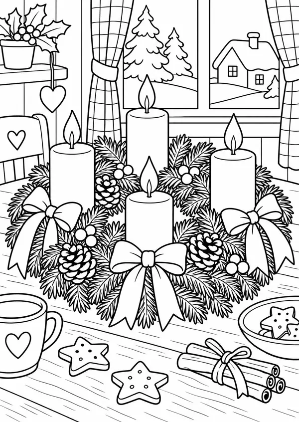 Ausmalbild Adventskranz: Kranz mit vier Kerzen, Schleifen, Zapfen, Tasse und Plätzchen am Fenster
