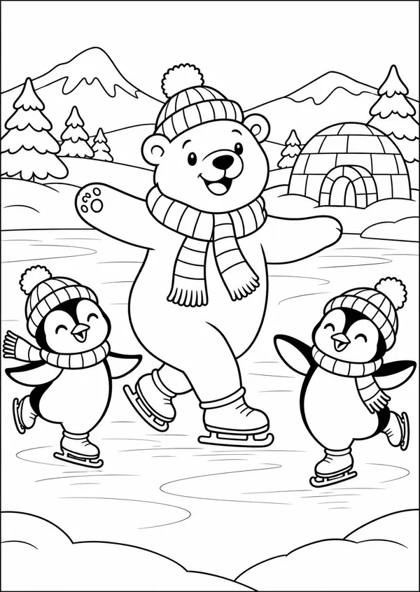 Ausmalbild Eisbär: Eisbär und zwei Pinguine beim Schlittschuhlaufen, Iglu im Hintergrund