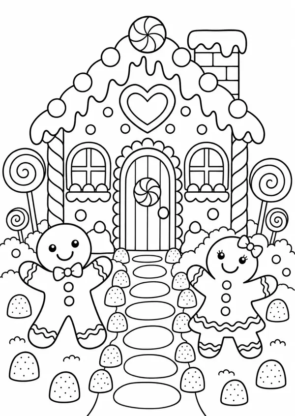 Ausmalbild Lebkuchenhaus: Haus mit Zuckerstangen, Bonbons und zwei Lebkuchenmännchen