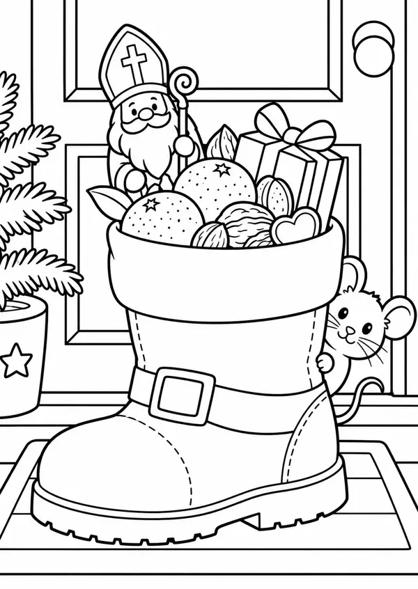 Ausmalbild Nikolaus: gefüllter Stiefel mit Nüssen, Mandarinen und Geschenk vor der Tür, kleiner Nikolaus und Maus