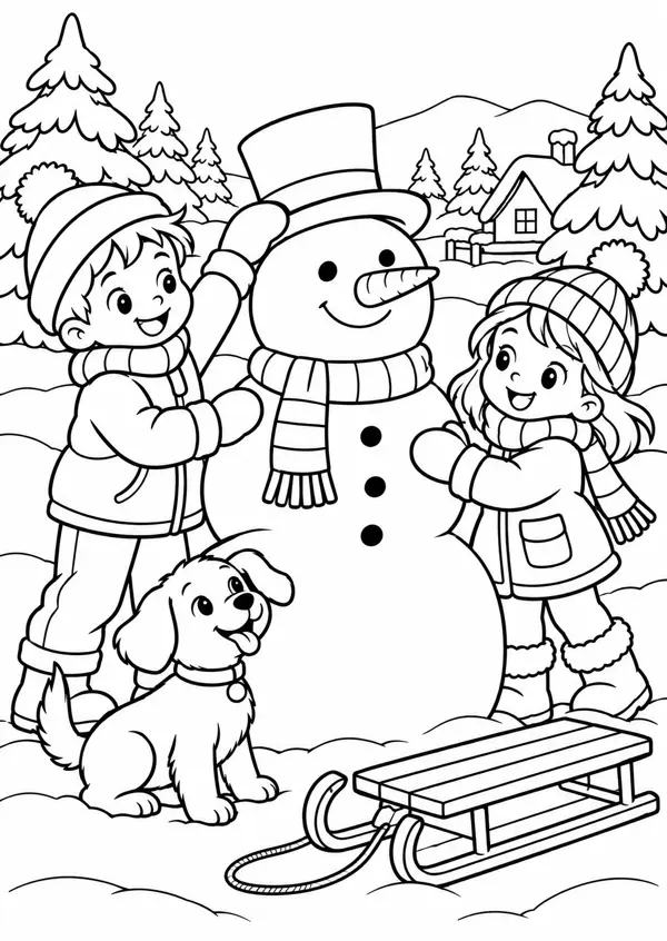 Ausmalbild Schneemann: zwei Kinder bauen einen Schneemann, Hund und Schlitten