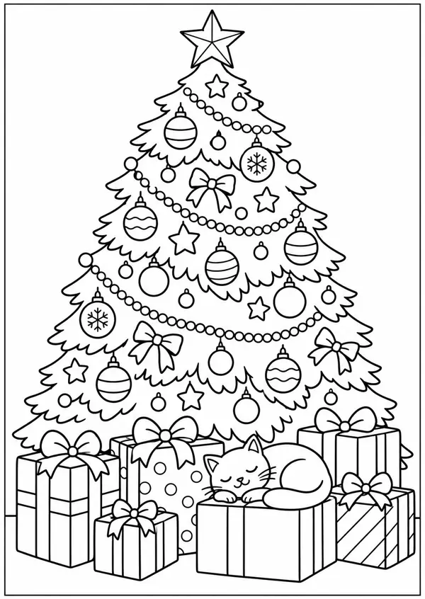 Ausmalbild Weihnachtsbaum: geschmückter Baum mit Stern, Geschenke darunter, schlafende Katze