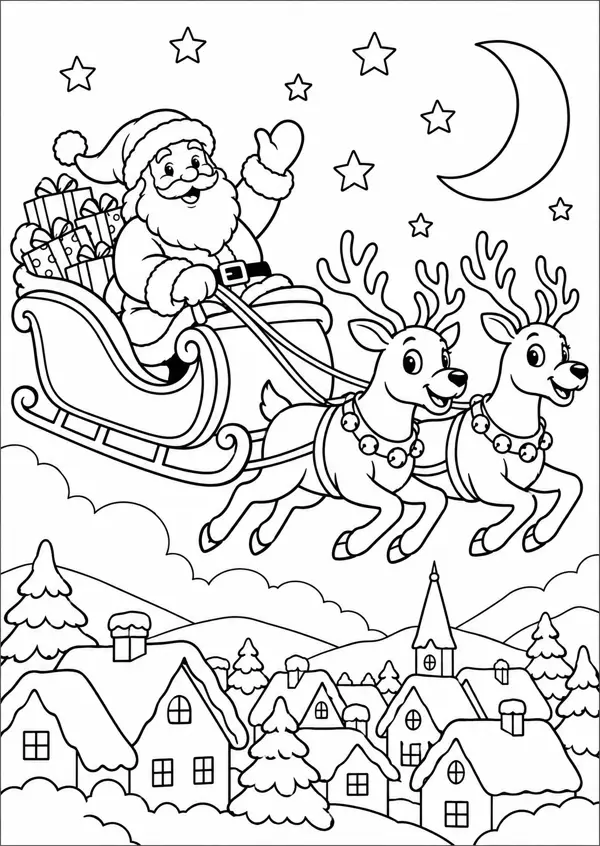 Ausmalbild Weihnachtsmann: Schlitten mit zwei Rentieren über einem verschneiten Dorf, Mond und Sterne