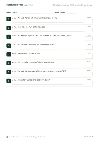 Vorschau der Vorlage „Weihnachtsquiz“: Fragebogen mit Nummern, Schwierigkeitssternen, Antwortlinien und Punktefeldern