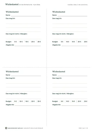 Vorschau der Vorlage „Wichtelzettel“: vier Zettel mit Feldern für Name, Vorlieben, Allergien, Budget und Abgabedatum