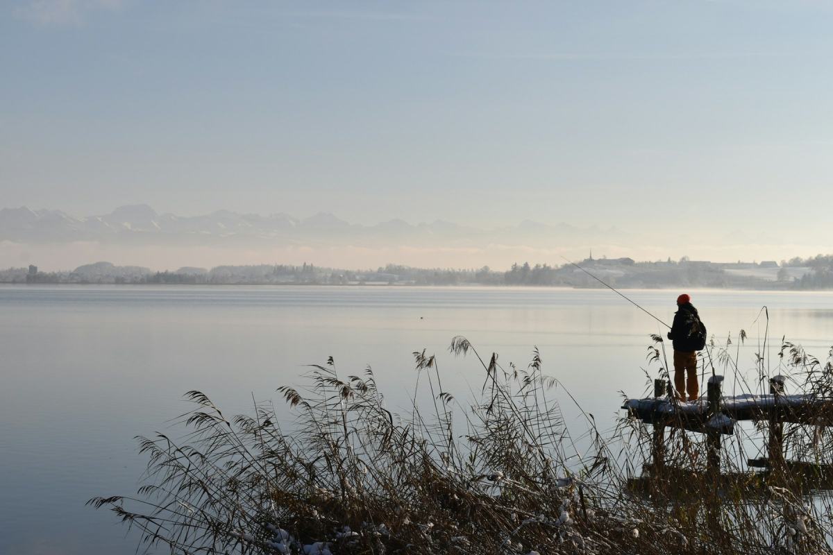 Angler steht am frühen Morgen auf einem Steg an einem stillen See