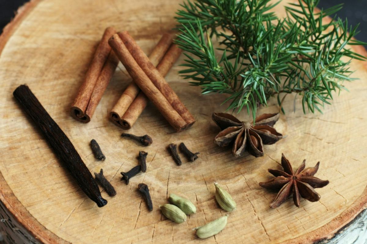 Zimtstangen, Sternanis, Nelken, Kardamom und Vanilleschote auf einer Holzscheibe