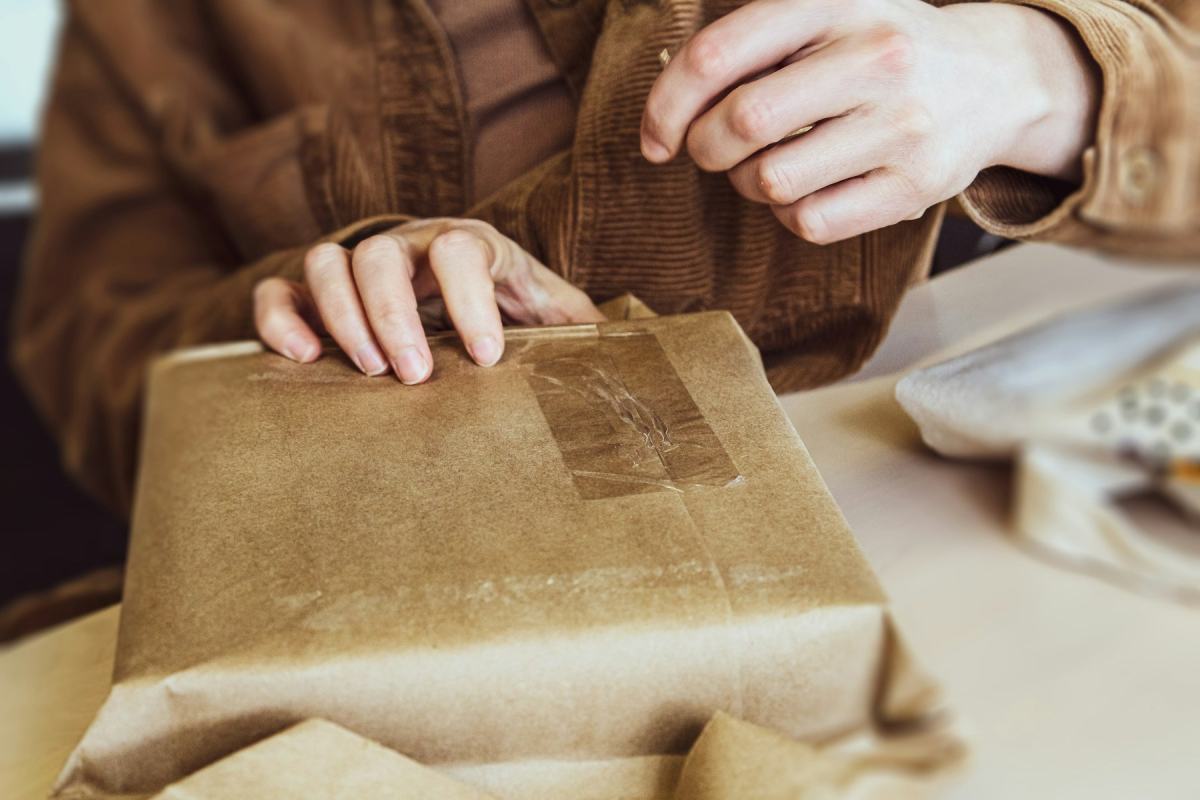 Hände kleben ein Paket aus Packpapier zu