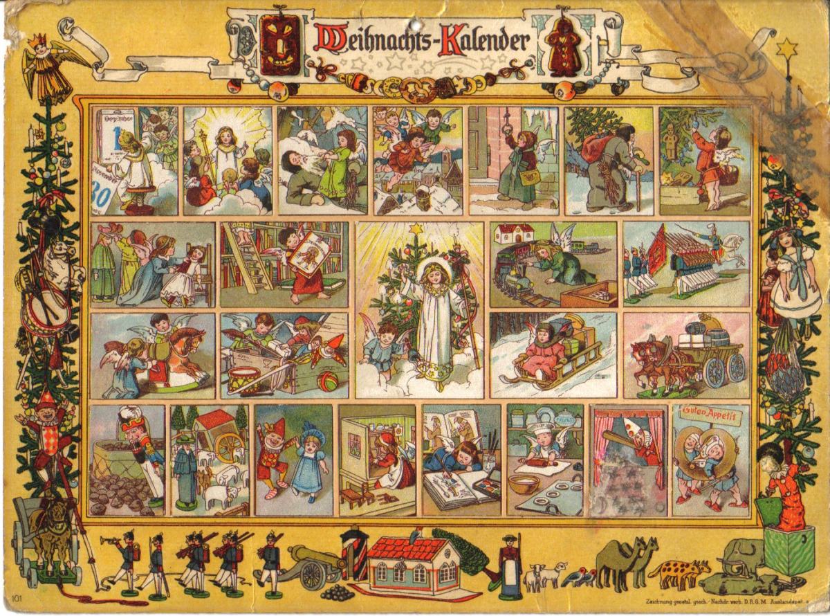 Historischer Adventskalender „Im Lande des Christkinds“ mit der Überschrift „Weihnachts-Kalender“: 24 aufgeklebte Bilder mit Engeln, Kindern und Spielzeug, in der Mitte das Christkind am Weihnachtsbaum