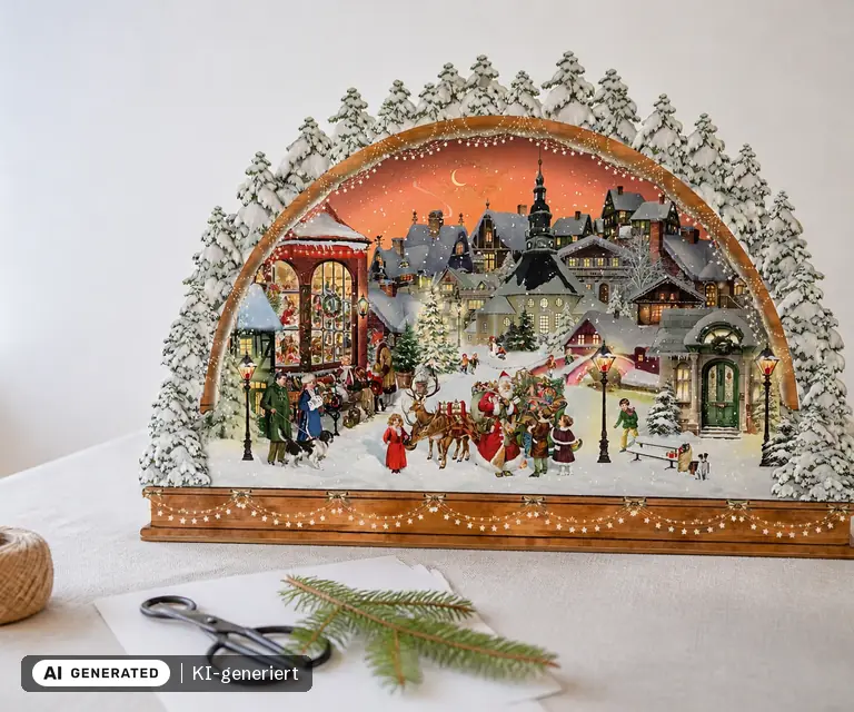 KI-generierte Illustration: A3-Wand-Adventskalender, Nostalgischer Lichterbogen, 24 Türchen