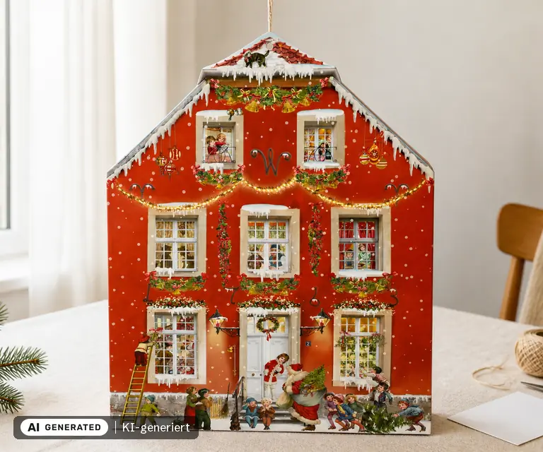 KI-generierte Illustration: A3-Wand-Adventskalender, Weihnachten bei uns Zuhaus, 24 Türchen