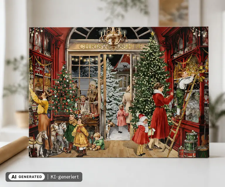 KI-generierte Illustration: A4-Wand-Adventskalender, Nostalgischer Weihnachtsladen, 24 Türchen
