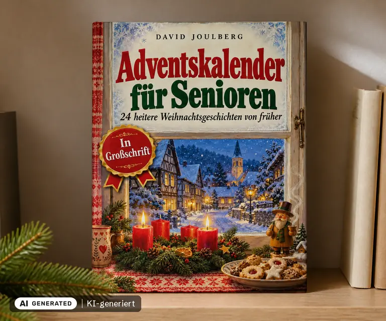 KI-generierte Illustration: Adventskalender für Senioren in Großschrift - 24 heitere Weihnachtsgeschichten von früher, 24 Türchen