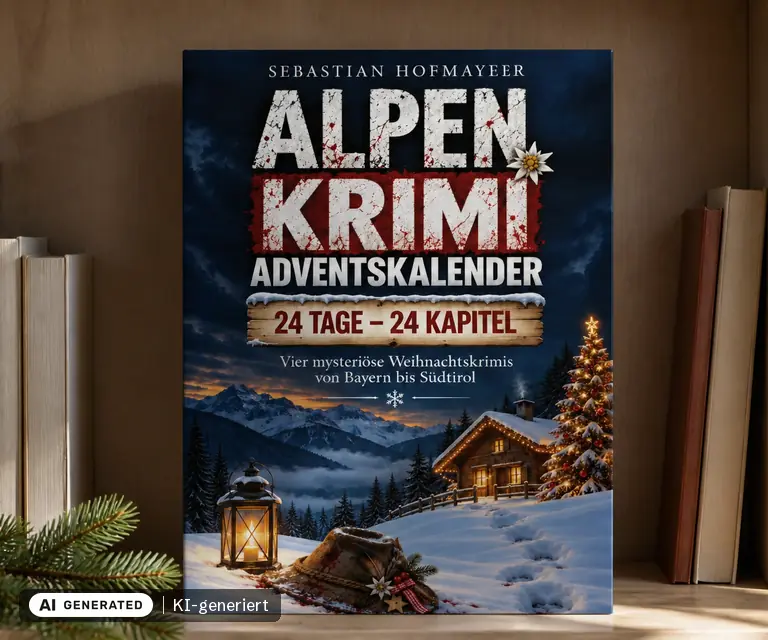 KI-generierte Illustration: Alpen Krimi Adventskalender: 24 Tage, 24 Kapitel, 24 Türchen
