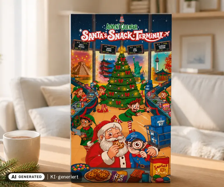 KI-generierte Illustration: American Uncle XXL-Adventskalender „Santas Snack Terminal“ 2026, 24 Türchen