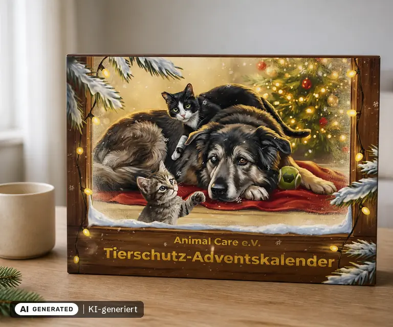 KI-generierte Illustration: Animal Care Tierschutz-Adventskalender 2026, 24 Türchen