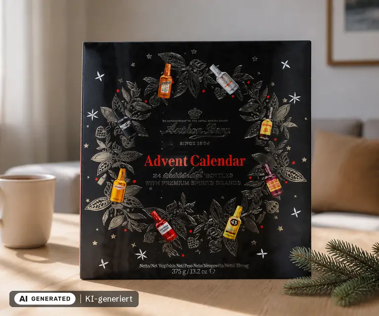 KI-generierte Illustration: Anthon Berg Chocolate Liqueurs Adventskalender, 24 Türchen