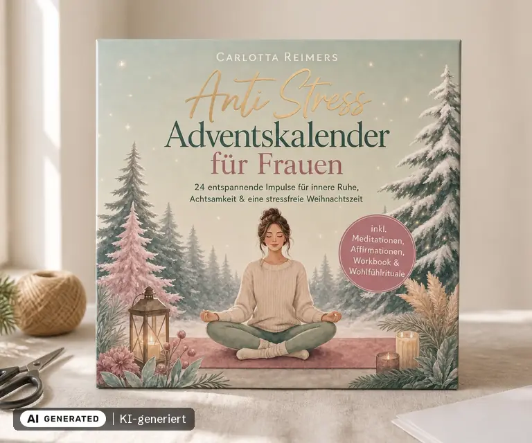 KI-generierte Illustration: Anti Stress Adventskalender für Frauen: 24 entspannende Impulse für innere Ruhe, Achtsamkeit & eine stressfreie Weihnachtszeit - inkl. Meditationen, Affirmationen, Workbook & Wohlfühlrituale, 24 Türchen