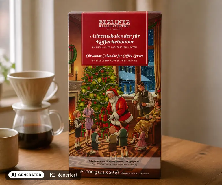 KI-generierte Illustration: Berliner Kaffeerösterei Kaffee-Adventskalender 2026, 24 Türchen