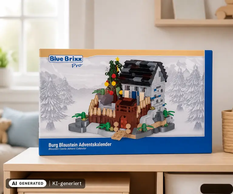KI-generierte Illustration: BlueBrixx Adventskalender Burg Blaustein, 24 Türchen