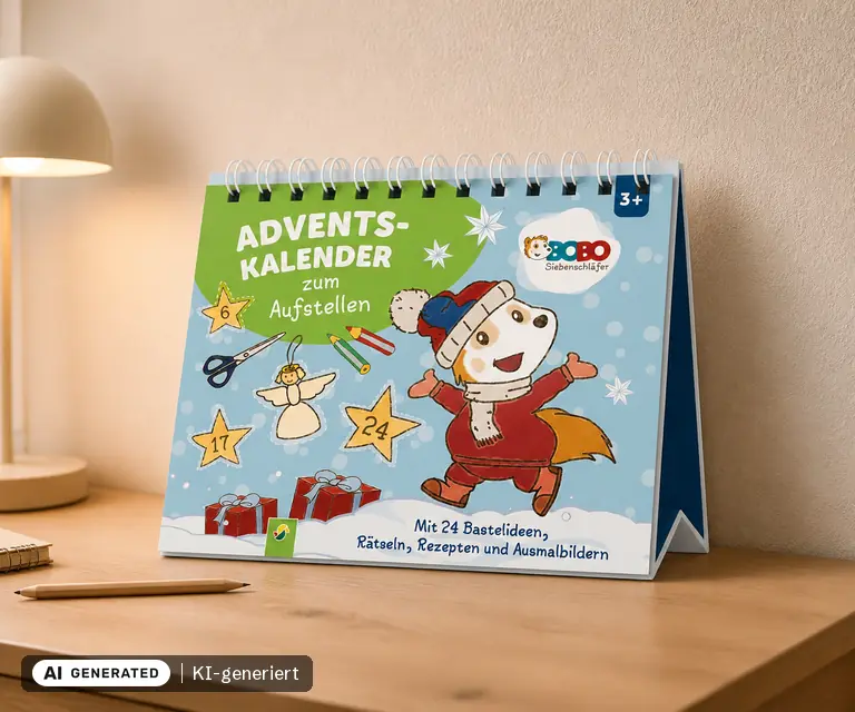 KI-generierte Illustration: Bobo Siebenschläfer Adventskalender zum Aufstellen, 24 Türchen