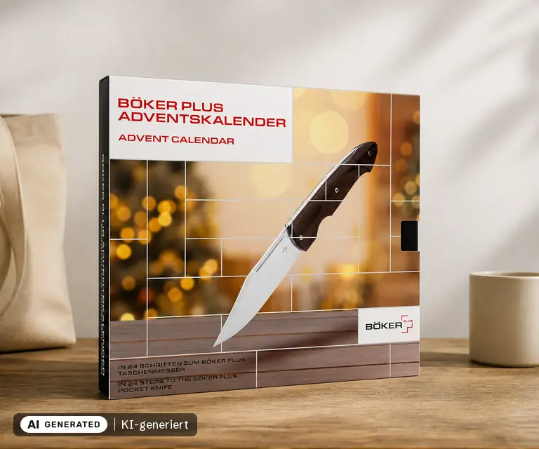 KI-generierte Illustration: Böker Plus Messer-Adventskalender 2026 (Gent), 24 Türchen