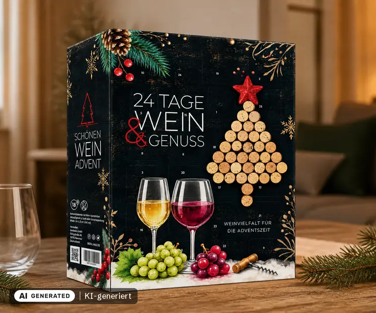 KI-generierte Illustration: BOXILAND Wein Adventskalender 2026 (24 Weine à 0,25 l), 24 Türchen
