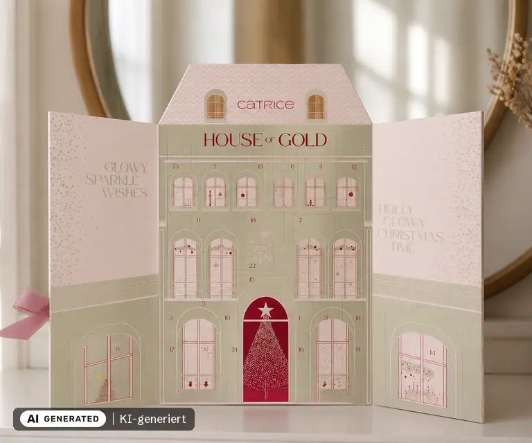 KI-generierte Illustration: Catrice Adventskalender 2026 „House of Gold“, 24 Türchen