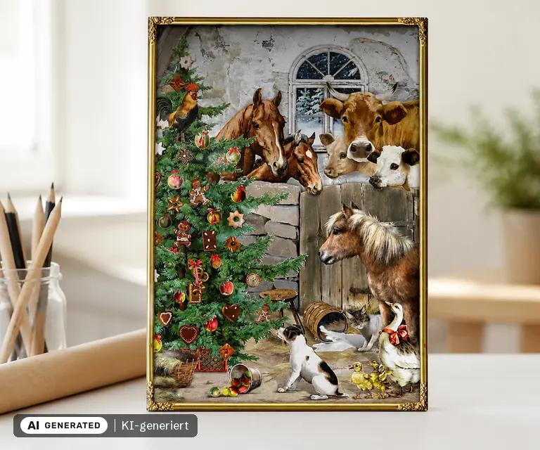 KI-generierte Illustration: Coppenrath A4-Wand-Adventskalender „Weihnacht im Stall“, 24 Türchen