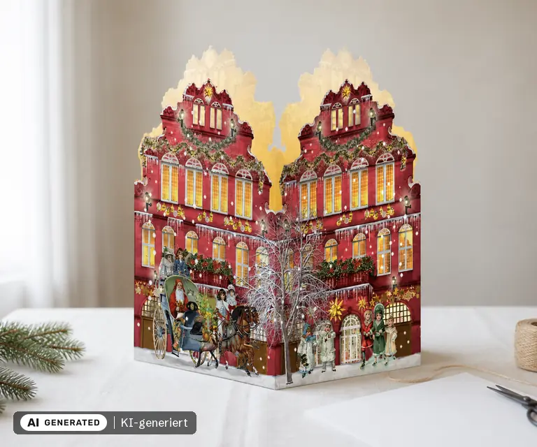 KI-generierte Illustration: Coppenrath Mini-Adventskalender „Nostalgische Weihnachtshäuser“, 24 Türchen