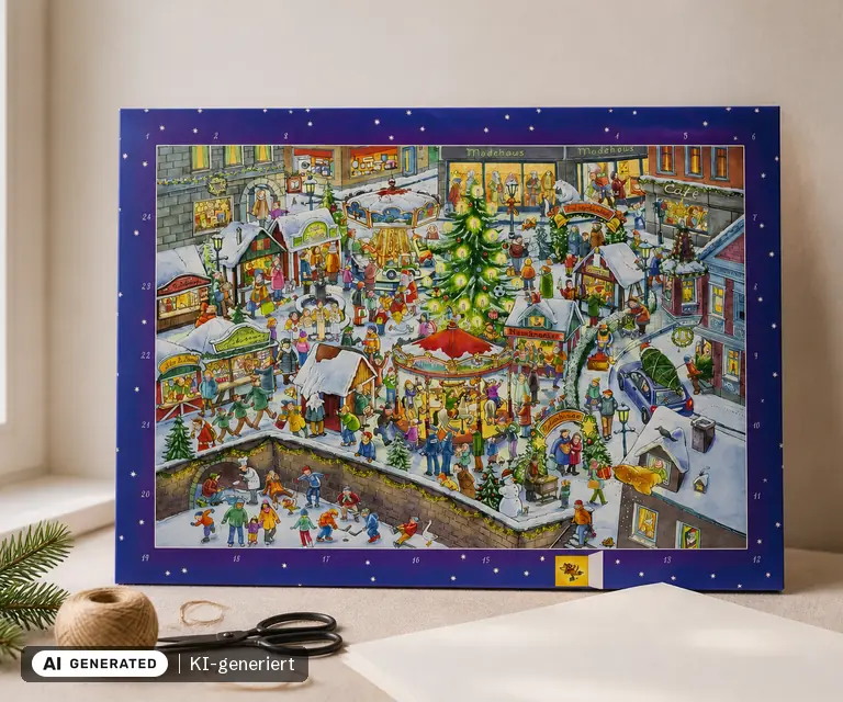 KI-generierte Illustration: Coppenrath Wand-Adventskalender „Wimmeliger Weihnachtsmarkt“, 24 Türchen