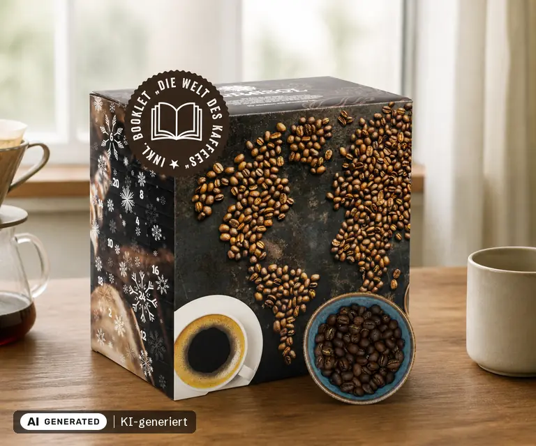 KI-generierte Illustration: Corasol Premium Kaffee-Weltreise Adventskalender 2026, 24 Türchen