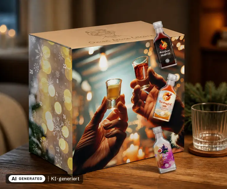 KI-generierte Illustration: Corasol Omas feine Liköre & Schnaps Adventskalender 2026, 24 Türchen