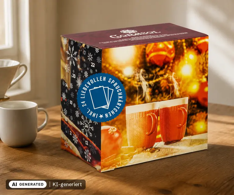 KI-generierte Illustration: Corasol Tee-Adventskalender für Zwei 2026, 24 Türchen
