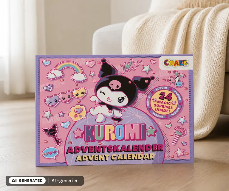 KI-generierte Illustration: CRAZE Kuromi Adventskalender 2026, 24 Türchen