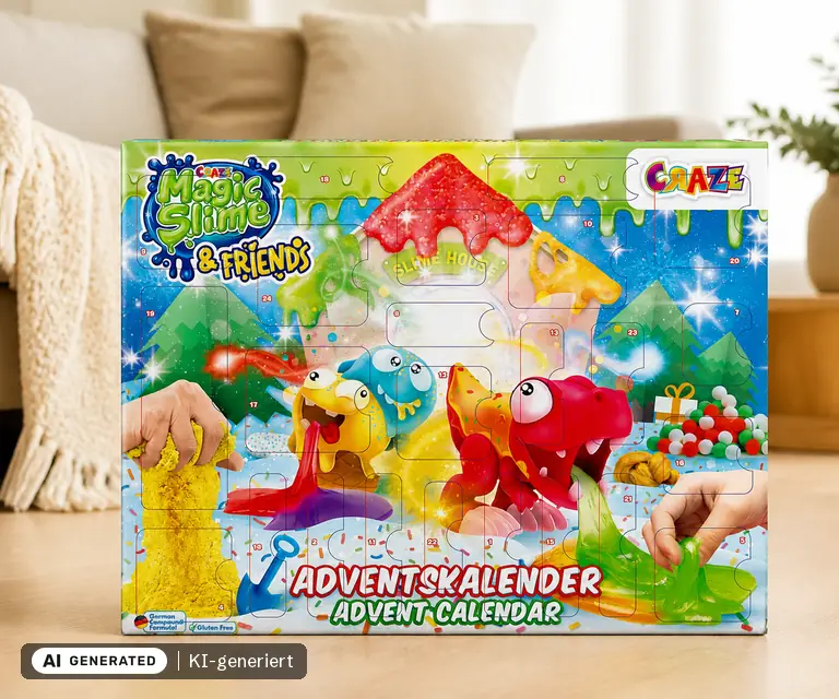 KI-generierte Illustration: CRAZE Adventskalender Magic Slime & Friends, 24 Türchen