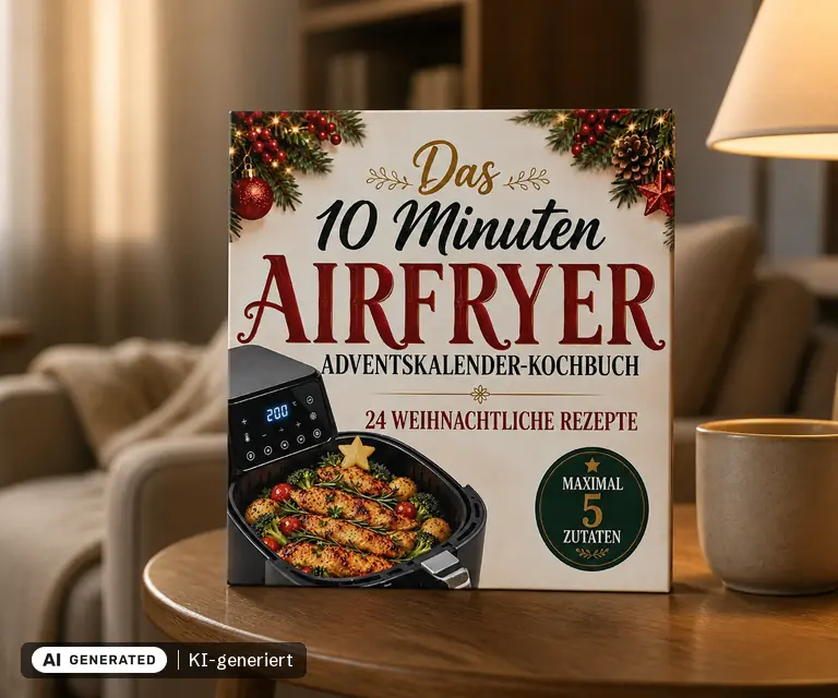 KI-generierte Illustration: Das 10 MINUTEN 5 ZUTATEN AIRFRYER Adventskalender-Kochbuch, 24 Türchen
