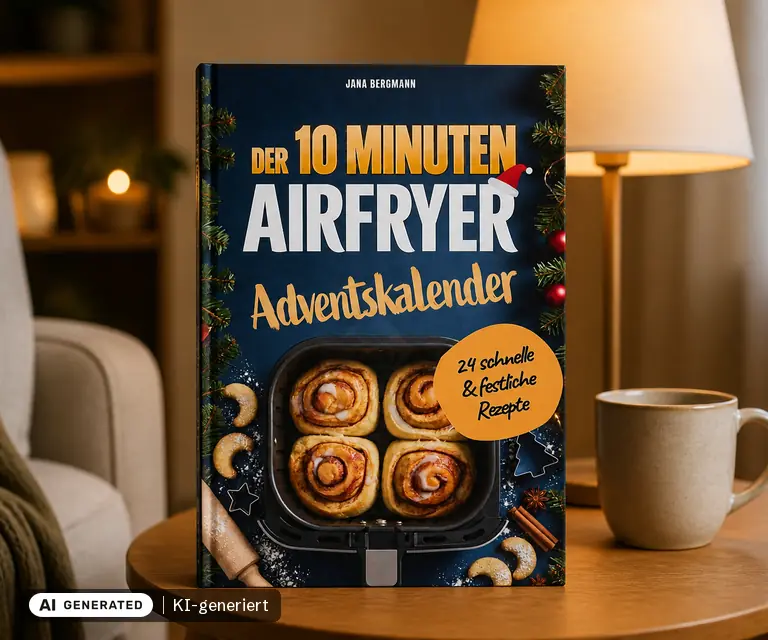KI-generierte Illustration: Der 10 Minuten Airfryer Adventskalender 2026: 24 schnelle & festliche Rezepte für die Heißluftfritteuse, 24 Türchen