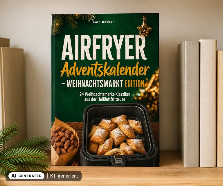 KI-generierte Illustration: Der Airfryer Adventskalender 2026 - Weihnachtsmarkt Edition - 24 Klassiker aus der Heißluftfritteuse, 24 Türchen
